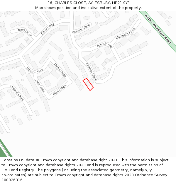 16, CHARLES CLOSE, AYLESBURY, HP21 9YF: Location map and indicative extent of plot