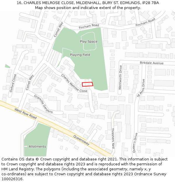 16, CHARLES MELROSE CLOSE, MILDENHALL, BURY ST. EDMUNDS, IP28 7BA: Location map and indicative extent of plot