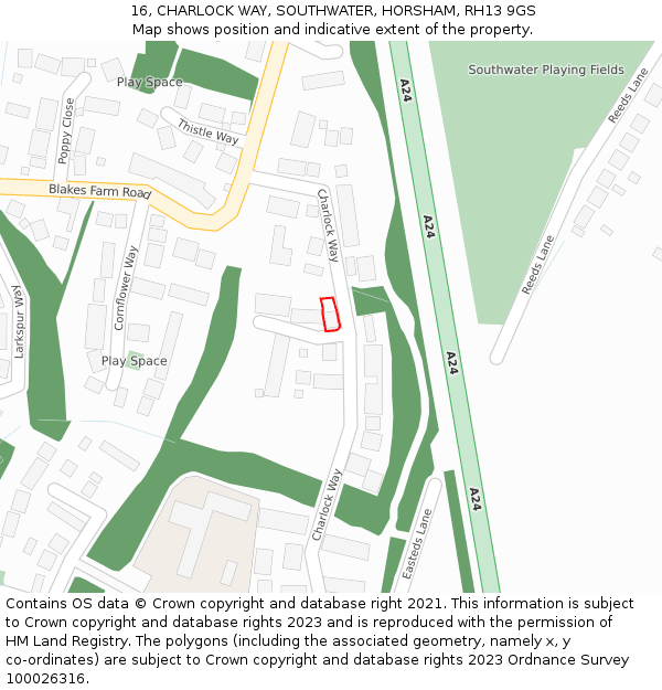 16, CHARLOCK WAY, SOUTHWATER, HORSHAM, RH13 9GS: Location map and indicative extent of plot