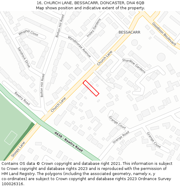 16, CHURCH LANE, BESSACARR, DONCASTER, DN4 6QB: Location map and indicative extent of plot