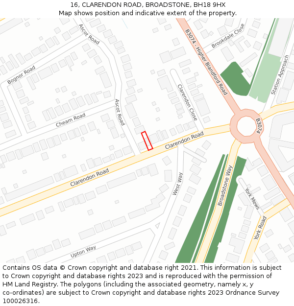 16, CLARENDON ROAD, BROADSTONE, BH18 9HX: Location map and indicative extent of plot