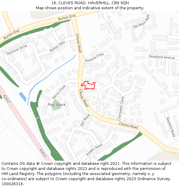 16, CLEVES ROAD, HAVERHILL, CB9 9QN: Location map and indicative extent of plot