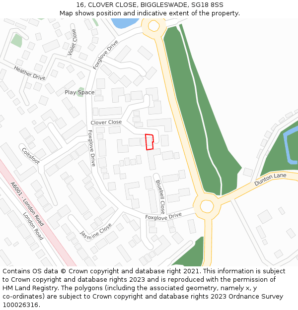 16, CLOVER CLOSE, BIGGLESWADE, SG18 8SS: Location map and indicative extent of plot