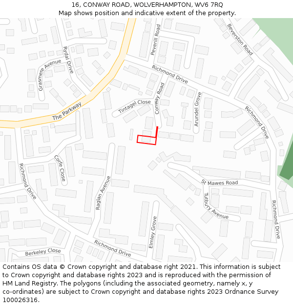 16, CONWAY ROAD, WOLVERHAMPTON, WV6 7RQ: Location map and indicative extent of plot