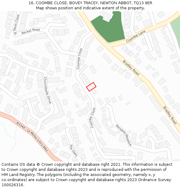 16, COOMBE CLOSE, BOVEY TRACEY, NEWTON ABBOT, TQ13 9ER: Location map and indicative extent of plot