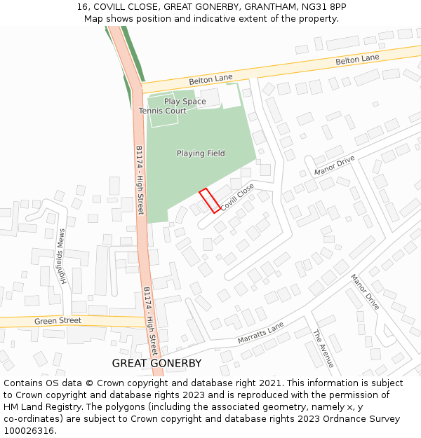 16, COVILL CLOSE, GREAT GONERBY, GRANTHAM, NG31 8PP: Location map and indicative extent of plot