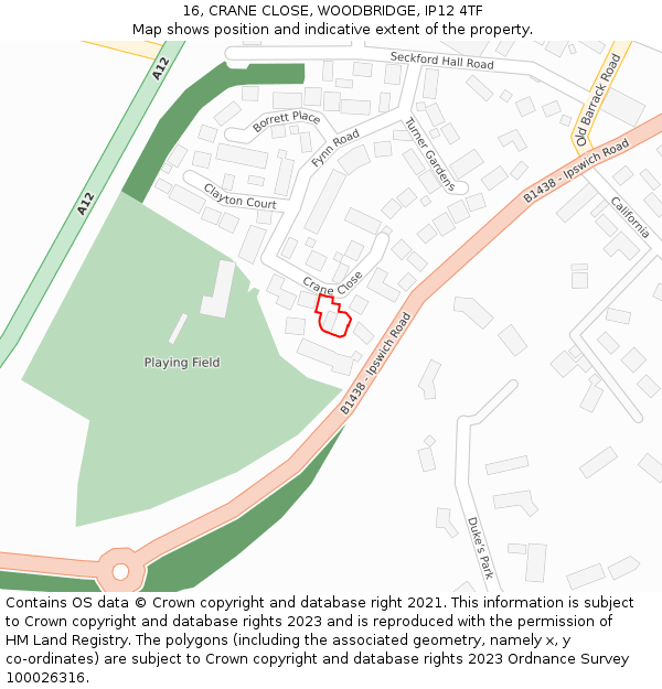 16, CRANE CLOSE, WOODBRIDGE, IP12 4TF: Location map and indicative extent of plot