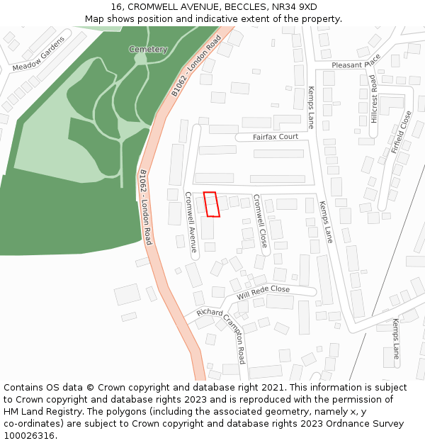 16, CROMWELL AVENUE, BECCLES, NR34 9XD: Location map and indicative extent of plot