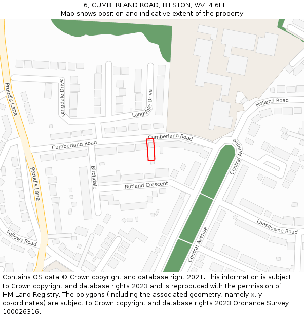 16, CUMBERLAND ROAD, BILSTON, WV14 6LT: Location map and indicative extent of plot