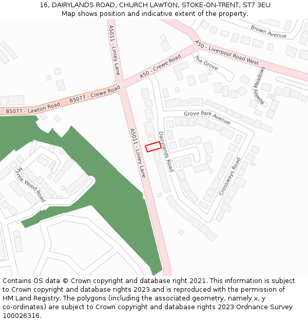 16, DAIRYLANDS ROAD, CHURCH LAWTON, STOKE-ON-TRENT, ST7 3EU: Location map and indicative extent of plot