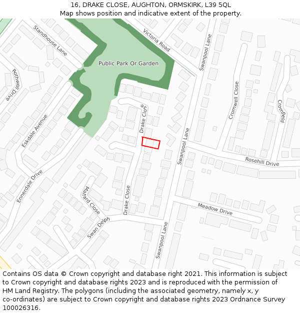 16, DRAKE CLOSE, AUGHTON, ORMSKIRK, L39 5QL: Location map and indicative extent of plot