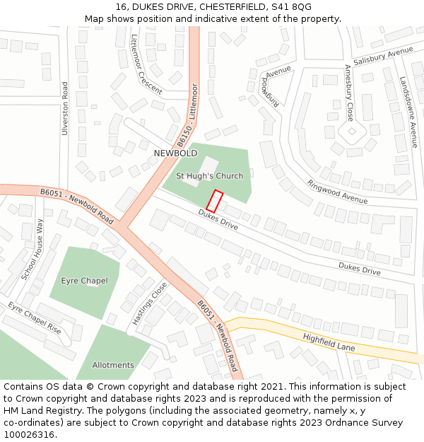 16, DUKES DRIVE, CHESTERFIELD, S41 8QG: Location map and indicative extent of plot