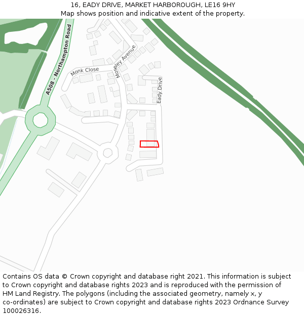 16, EADY DRIVE, MARKET HARBOROUGH, LE16 9HY: Location map and indicative extent of plot