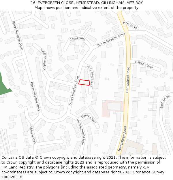 16, EVERGREEN CLOSE, HEMPSTEAD, GILLINGHAM, ME7 3QY: Location map and indicative extent of plot