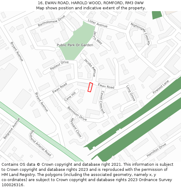 16, EWAN ROAD, HAROLD WOOD, ROMFORD, RM3 0WW: Location map and indicative extent of plot