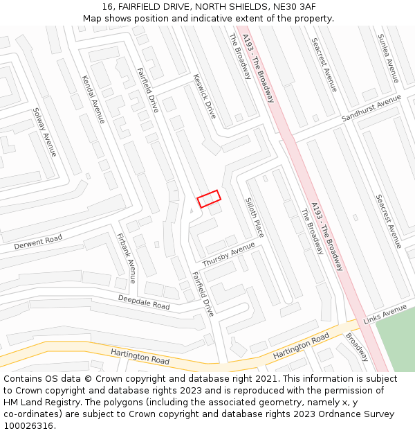 16, FAIRFIELD DRIVE, NORTH SHIELDS, NE30 3AF: Location map and indicative extent of plot