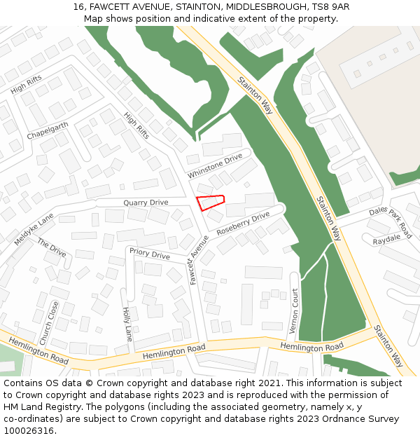 16, FAWCETT AVENUE, STAINTON, MIDDLESBROUGH, TS8 9AR: Location map and indicative extent of plot