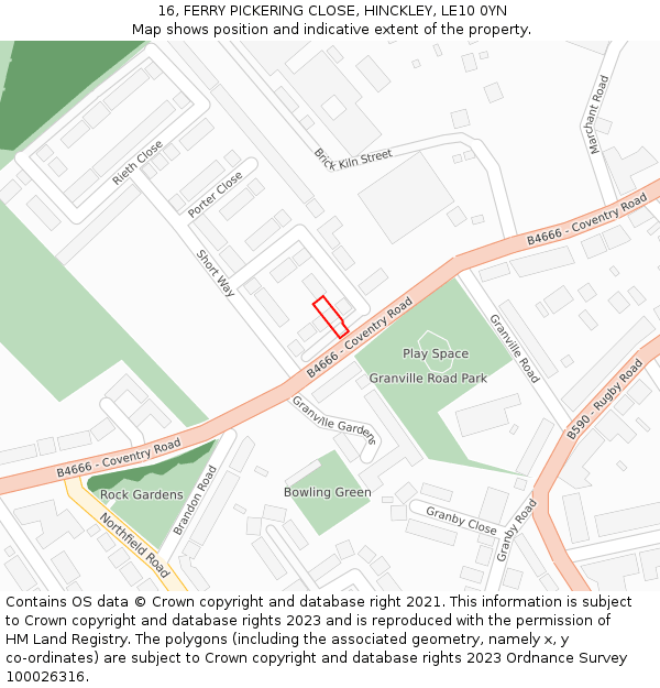 16, FERRY PICKERING CLOSE, HINCKLEY, LE10 0YN: Location map and indicative extent of plot