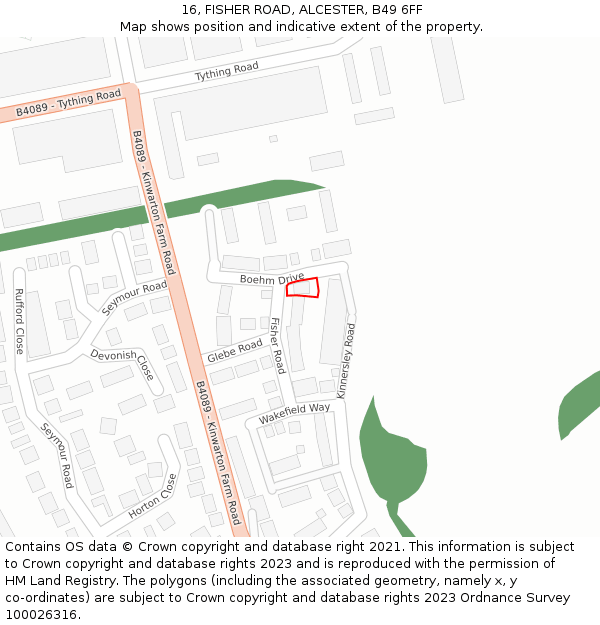 16, FISHER ROAD, ALCESTER, B49 6FF: Location map and indicative extent of plot