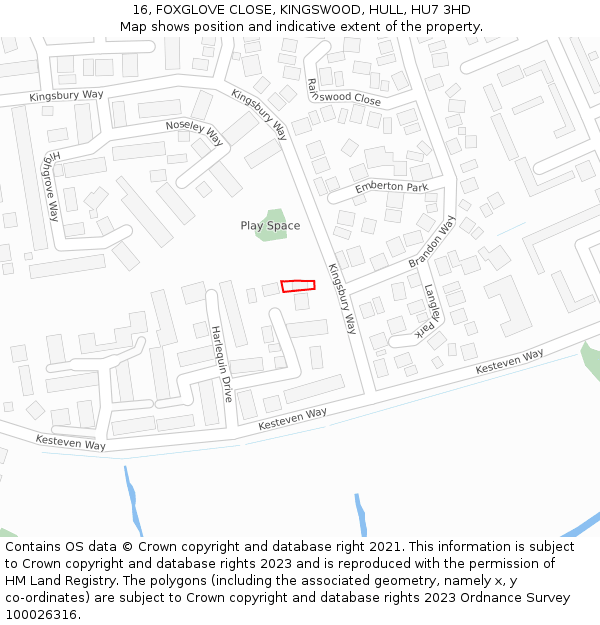 16, FOXGLOVE CLOSE, KINGSWOOD, HULL, HU7 3HD: Location map and indicative extent of plot