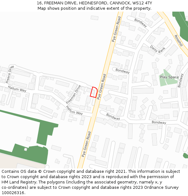 16, FREEMAN DRIVE, HEDNESFORD, CANNOCK, WS12 4TY: Location map and indicative extent of plot