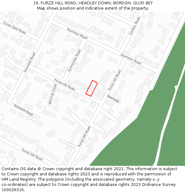 16, FURZE HILL ROAD, HEADLEY DOWN, BORDON, GU35 8EY: Location map and indicative extent of plot