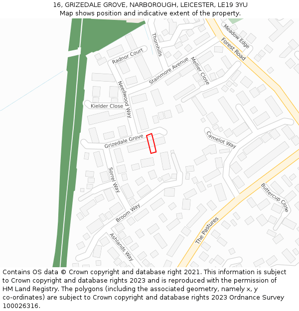 16, GRIZEDALE GROVE, NARBOROUGH, LEICESTER, LE19 3YU: Location map and indicative extent of plot