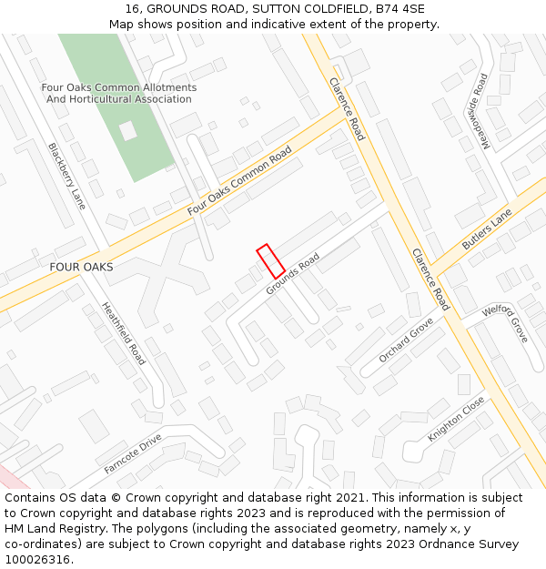 16, GROUNDS ROAD, SUTTON COLDFIELD, B74 4SE: Location map and indicative extent of plot