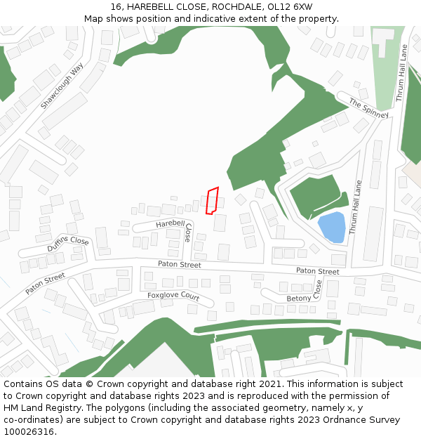 16, HAREBELL CLOSE, ROCHDALE, OL12 6XW: Location map and indicative extent of plot