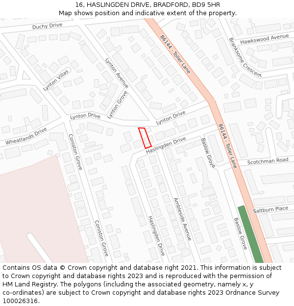 16, HASLINGDEN DRIVE, BRADFORD, BD9 5HR: Location map and indicative extent of plot