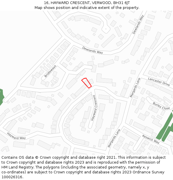 16, HAYWARD CRESCENT, VERWOOD, BH31 6JT: Location map and indicative extent of plot