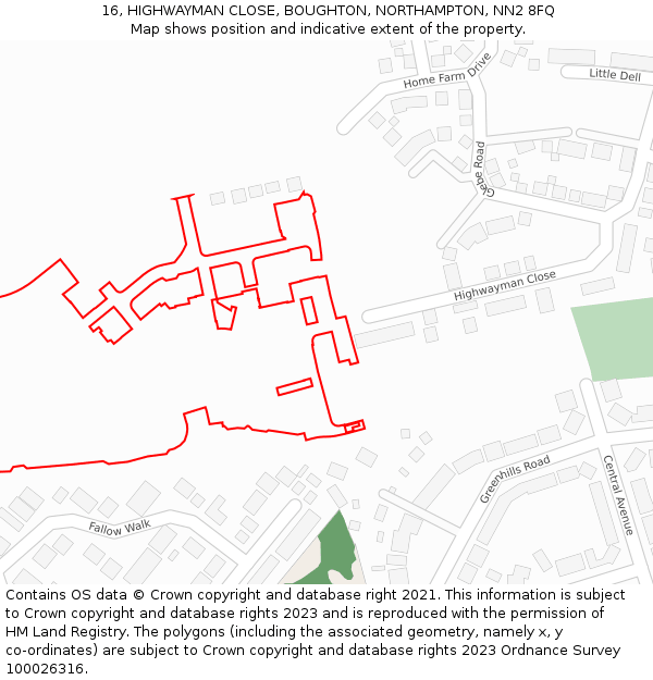 16, HIGHWAYMAN CLOSE, BOUGHTON, NORTHAMPTON, NN2 8FQ: Location map and indicative extent of plot