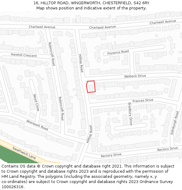 16, HILLTOP ROAD, WINGERWORTH, CHESTERFIELD, S42 6RY: Location map and indicative extent of plot