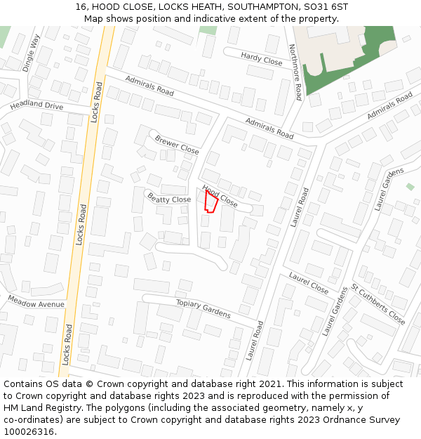 16, HOOD CLOSE, LOCKS HEATH, SOUTHAMPTON, SO31 6ST: Location map and indicative extent of plot