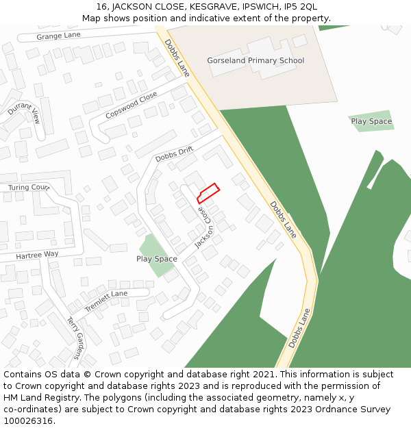 16, JACKSON CLOSE, KESGRAVE, IPSWICH, IP5 2QL: Location map and indicative extent of plot