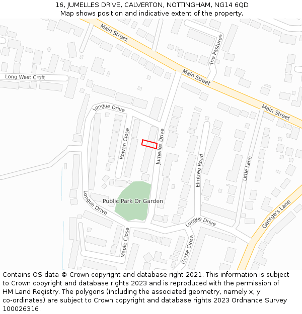 16, JUMELLES DRIVE, CALVERTON, NOTTINGHAM, NG14 6QD: Location map and indicative extent of plot