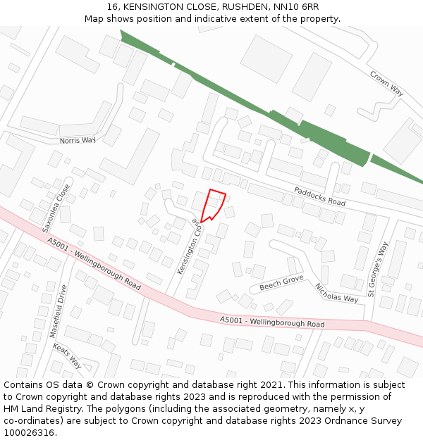 16, KENSINGTON CLOSE, RUSHDEN, NN10 6RR: Location map and indicative extent of plot