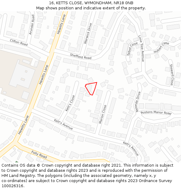 16, KETTS CLOSE, WYMONDHAM, NR18 0NB: Location map and indicative extent of plot