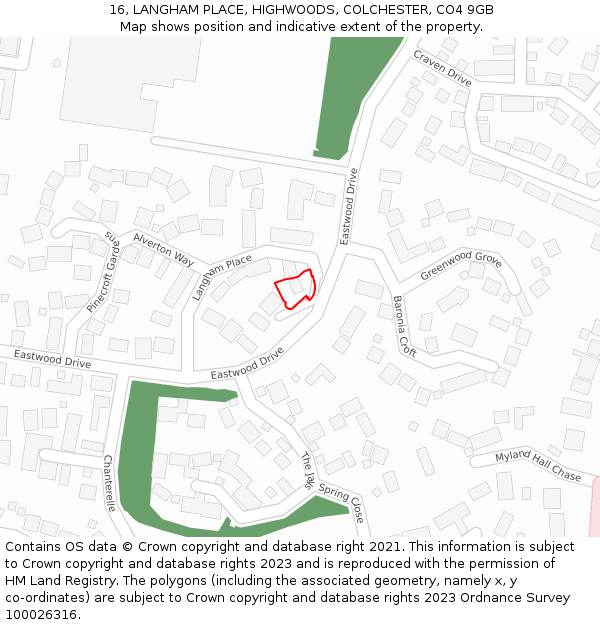 16, LANGHAM PLACE, HIGHWOODS, COLCHESTER, CO4 9GB: Location map and indicative extent of plot