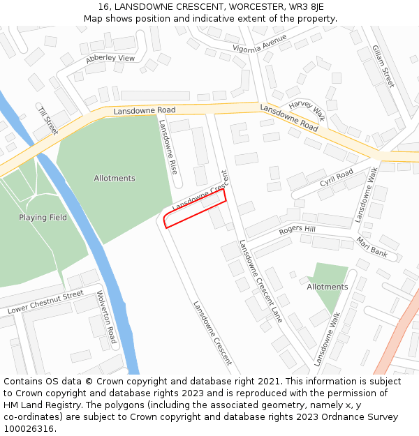 16, LANSDOWNE CRESCENT, WORCESTER, WR3 8JE: Location map and indicative extent of plot