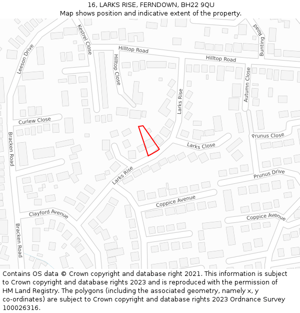 16, LARKS RISE, FERNDOWN, BH22 9QU: Location map and indicative extent of plot