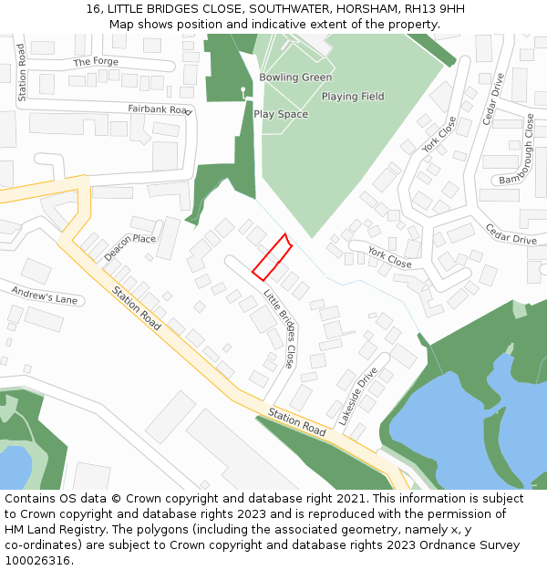16, LITTLE BRIDGES CLOSE, SOUTHWATER, HORSHAM, RH13 9HH: Location map and indicative extent of plot