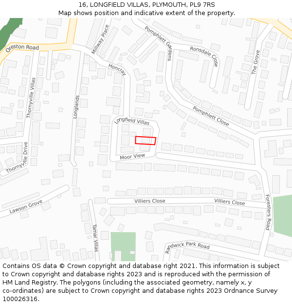 16, LONGFIELD VILLAS, PLYMOUTH, PL9 7RS: Location map and indicative extent of plot