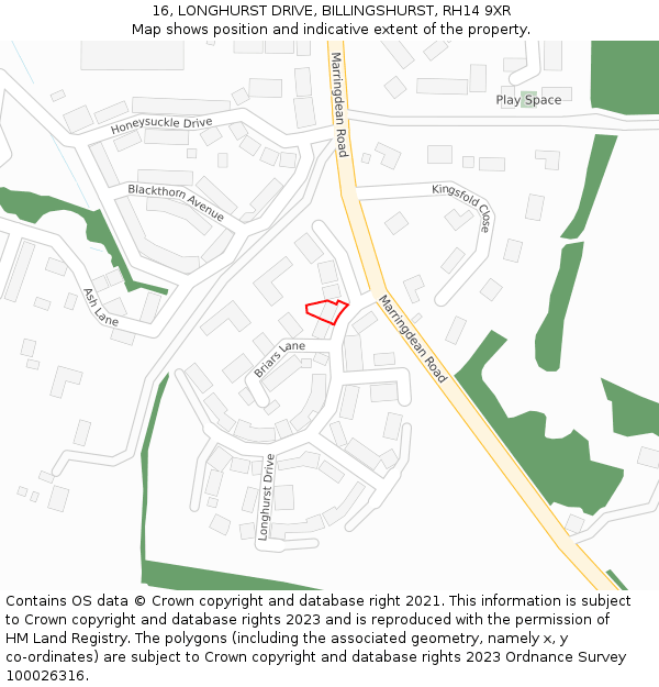 16, LONGHURST DRIVE, BILLINGSHURST, RH14 9XR: Location map and indicative extent of plot