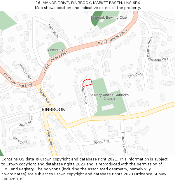 16, MANOR DRIVE, BINBROOK, MARKET RASEN, LN8 6BX: Location map and indicative extent of plot