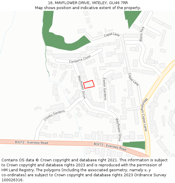 16, MAYFLOWER DRIVE, YATELEY, GU46 7RR: Location map and indicative extent of plot