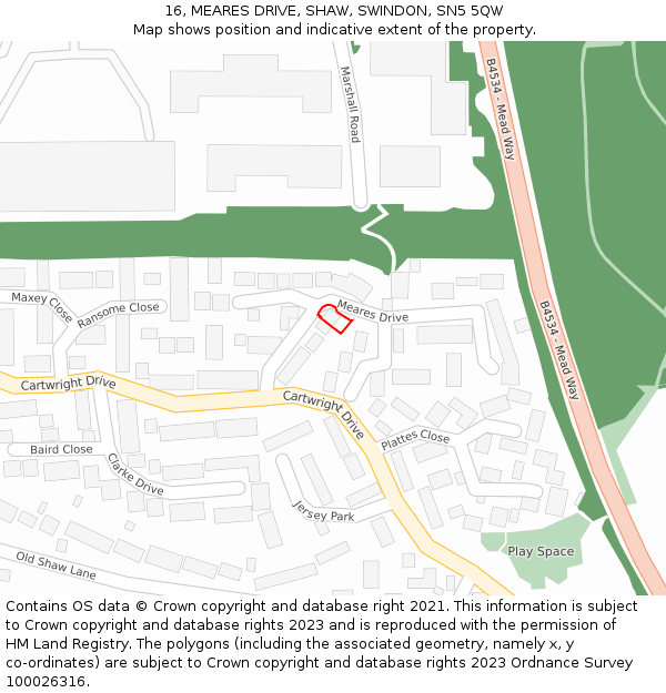 16, MEARES DRIVE, SHAW, SWINDON, SN5 5QW: Location map and indicative extent of plot