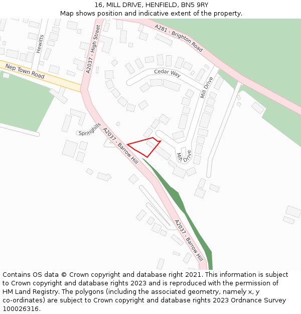 16, MILL DRIVE, HENFIELD, BN5 9RY: Location map and indicative extent of plot