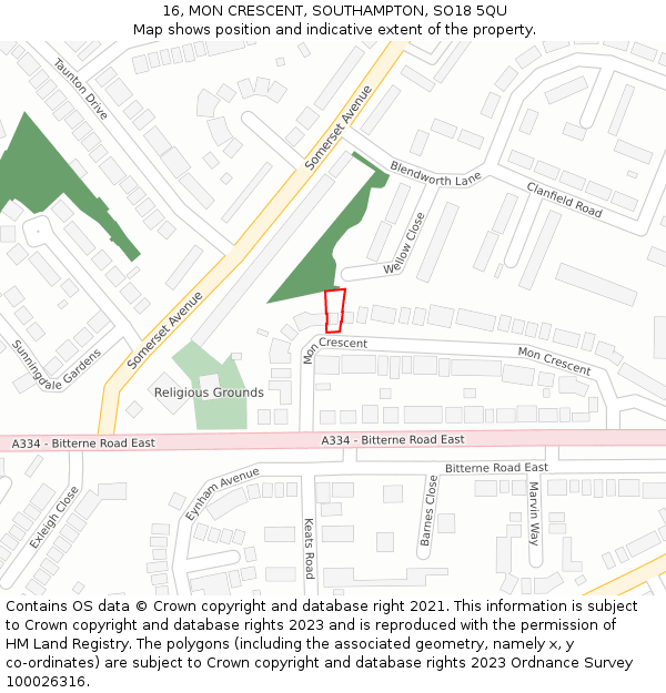 16, MON CRESCENT, SOUTHAMPTON, SO18 5QU: Location map and indicative extent of plot