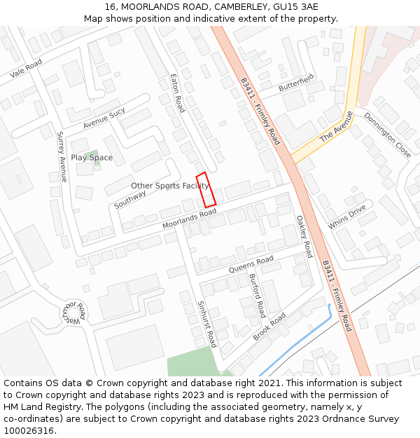 16, MOORLANDS ROAD, CAMBERLEY, GU15 3AE: Location map and indicative extent of plot